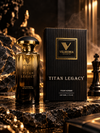 A bottle of Velmoria Scents Titan Legacy Pour Homme cologne stands next to its black box packaging on a dark, luxurious stone surface with chess pieces and warm golden lighting.