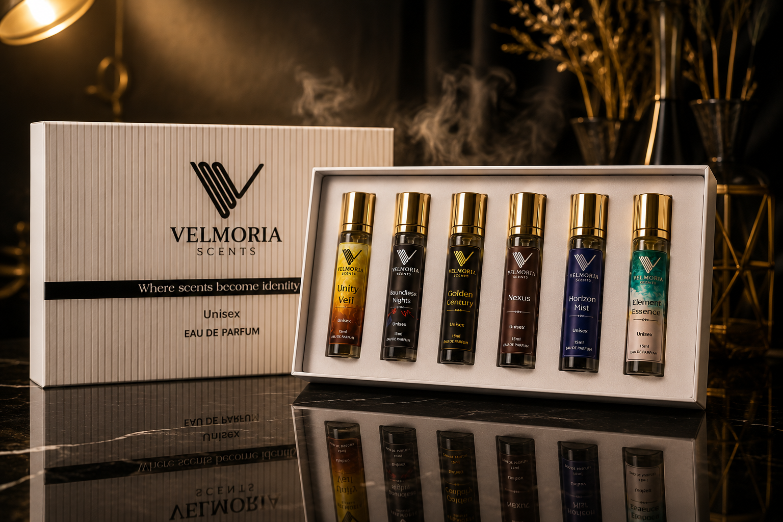 A boxed set of Velmoria Scents London Eau de Parfum bottles displayed on a dark reflective surface, with the branded box standing behind an open tray holding five small perfume bottles with gold caps.