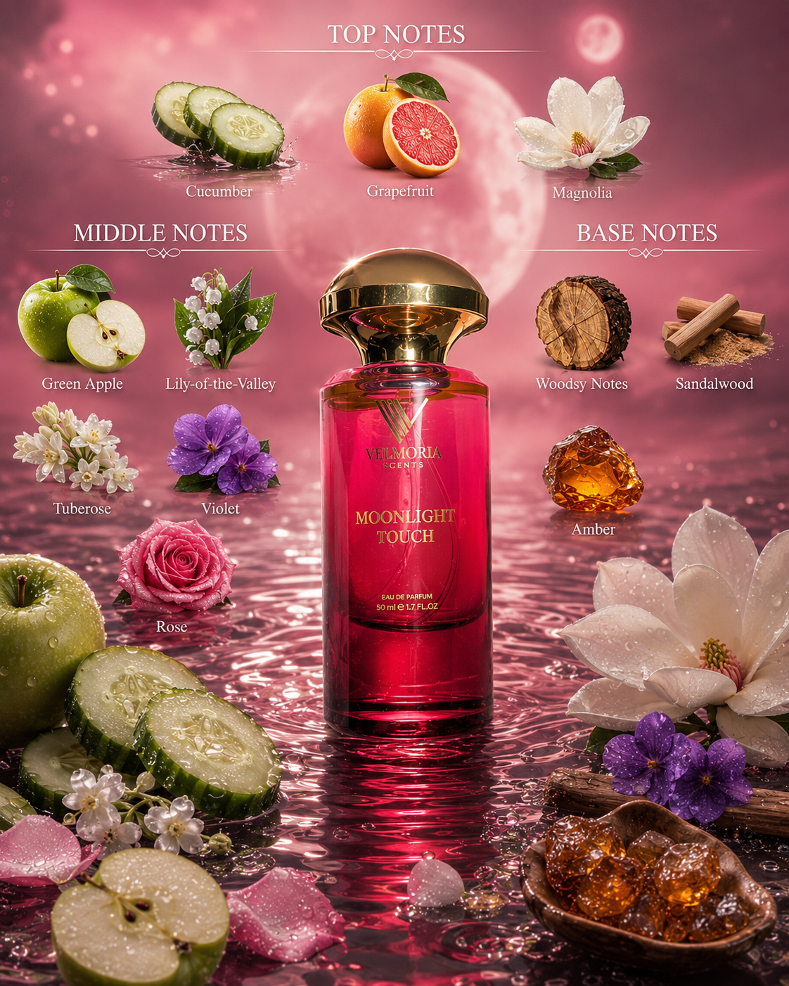 Moonsilk 'Moonlight Touch' Eau de Parfum bottle in a vibrant pink glass with a gold cap, set against a pink background with water ripples. The image is decorated with illustrations and photos of ingredients representing the scent's notes: cucumber, grapefruit, magnolia, green apple, tuberose, violet, woodsy notes, sandalwood, and amber, labeled under 'TOP NOTES', 'MIDDLE NOTES', and 'BASE NOTES'.